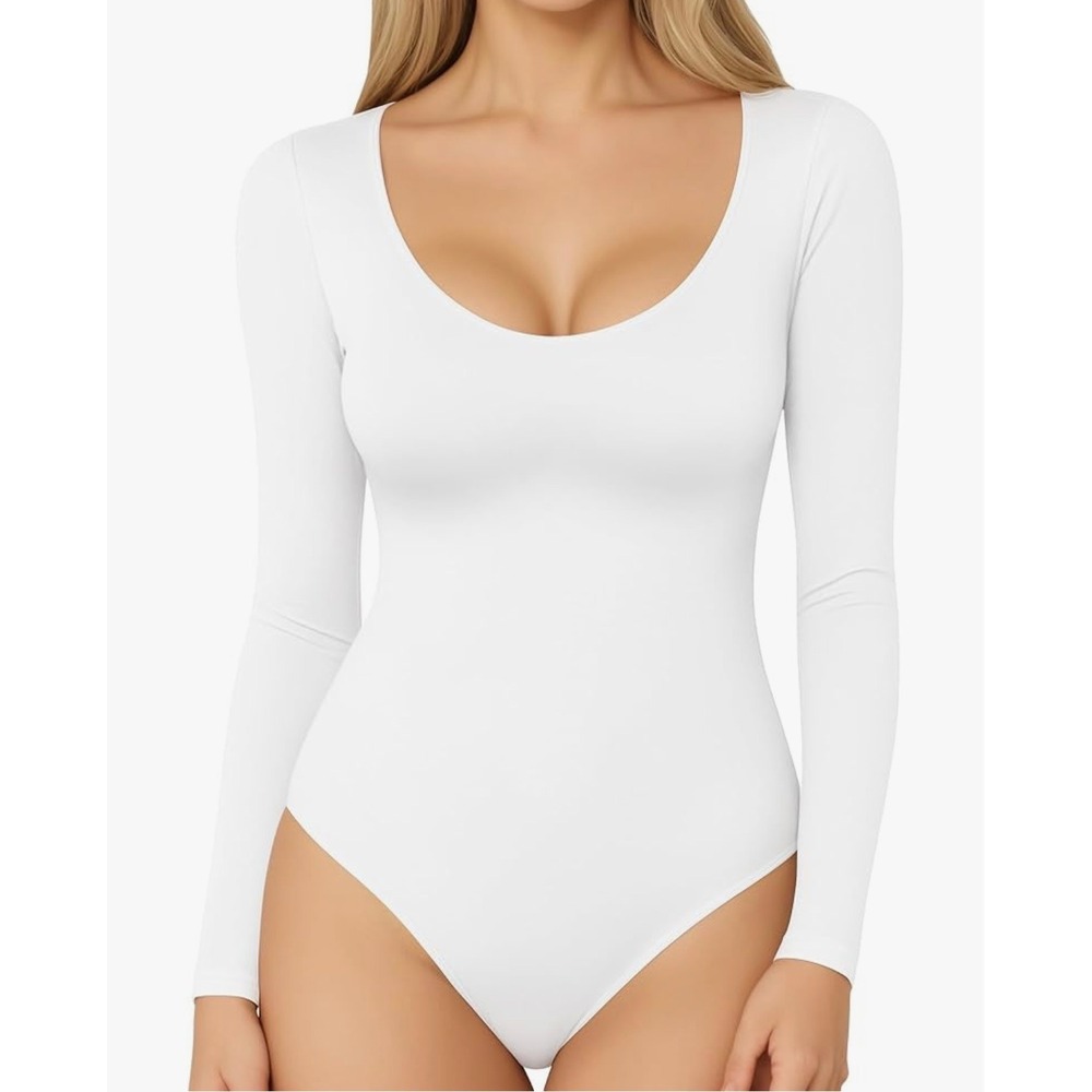 MANGOPOP White XL Scoop Neck Body Suit Long Short Sleeve Stretchy Basic Layering